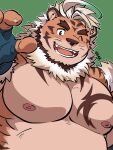  1boy :d ahoge animal_ears bara beard belly blue_eyes bodypaint claw_pose facial_hair fluffy furry furry_male highres hombre_tigre_(housamo) kirupi large_pectorals male_focus medium_hair muscular muscular_male nipples nude one_eye_closed pectorals plump smile solo stomach thick_eyebrows tiger_boy tiger_ears tokyo_afterschool_summoners upper_body waving white_hair 