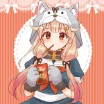  1girl animal_hands black_ribbon blonde_hair box cocoperino commentary_request cowboy_shot food gloves gradient_hair hair_flaps hair_ornament hair_ribbon hairclip holding kantai_collection long_hair mouth_hold multicolored_hair official_alternate_costume paw_gloves pocky red_background red_eyes remodel_(kantai_collection) ribbon solo striped striped_background wolf_hood yuudachi_(kancolle) 