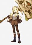  1girl blonde_hair boots dogmatika_ecclesia_the_virtuous duel_monster facial_mark forehead_mark gloves goggles goggles_around_neck grey_eyes hand_on_hip horns ishii_(young-moon) jacket jacket_on_shoulders long_hair over_shoulder pantyhose shorts smile suspender_shorts suspenders war_hammer weapon weapon_over_shoulder yu-gi-oh! 