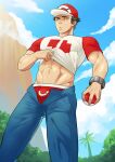  1boy abs alternate_pectoral_size bara baseball_cap black_hair blue_sky bulge clothes_lift cloud commentary day denim english_commentary hat holding holding_poke_ball jeans male_focus male_underwear male_underwear_peek muscular muscular_male open_clothes open_fly open_mouth palm_tree pants pectorals poke_ball poke_ball_(basic) pokemon pokemon_(game) pokemon_sm red_(pokemon) red_male_underwear shirt_lift short_hair sky solo sweat sweatdrop thick_thighs thighs tree underwear unzipped yellow_eyes zink_(zink_mchn) 