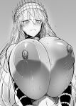  1girl areolae breasts chain chained crown detached_sleeves eyebrows_visible_through_hair fate/grand_order fate_(series) greyscale highres huge_breasts long_hair looking_down megao_3rd monochrome nipples simple_background sweat topless upper_body zenobia_(fate) 