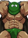  1boy abs armpit_hair armpits arms_behind_head bara bare_pectorals briefs brown_cape bulge cape chest_harness dark-skinned_male dark_skin dragon_quest erection erection_under_clothes feet_out_of_frame green_male_underwear harness highres kandar kirupi large_pectorals leather male_focus male_underwear mask muscular muscular_male navel nipples no_pants pectorals solo spread_legs stomach thick_thighs thighs underwear zentai 