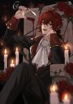  1boy ascot blood candle commentary crossed_legs cup diluc_(genshin_impact) drinking_glass fangs genshin_impact greentea7954 highres long_hair low_ponytail male_focus open_mouth red_eyes red_hair sitting solo throne vampire vampire_costume wine_glass 