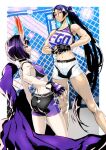  2girls ass back banned_artist bare_shoulders black_gloves breasts choker fate/grand_order fate_(series) fingerless_gloves gloves horns iwamoto_eiri long_hair midriff minamoto_no_raikou_(fate) multiple_girls navel oni oni_horns pale_skin ponytail purple_eyes purple_gloves purple_hair short_hair shorts shuten_douji_(fate) small_breasts smile very_long_hair 