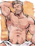  1boy abs alternate_pectoral_size armpit_hair armpits bara beard chest_hair closed_mouth facial_hair fate/grand_order fate_(series) feet_out_of_frame highres kirupi large_pectorals looking_at_viewer male_focus mature_male muscular muscular_male mustache naked_towel navel navel_hair nipples old old_man one_eye_closed pectorals pubic_hair pubic_hair_peek sauna short_hair solo steam stomach sweat topless_male towel william_tell_(fate) wrinkled_skin 