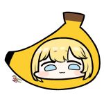  1girl :3 banana blonde_hair blue_eyes blush chibi food fruit hololive hololive_english in_food jazz_jack lowres photo-referenced short_hair signature simple_background smile solo symbol-only_commentary virtual_youtuber watson_amelia white_background 