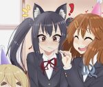  ! 3girls animal_ears black_hair blonde_hair blush brown_eyes brown_hair cat_ears closed_eyes closed_mouth facing_another hair_ornament hairclip hat highres hirasawa_yui indoors k-on! kotobuki_tsumugi long_hair multiple_girls nakano_azusa open_mouth party_hat short_hair smile teeth thick_eyebrows twintails upper_teeth young_savage 