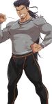  1boy bara black_hair bulge facial_hair feet_out_of_frame goatee grey_shirt grin highres jewelry kirupi long_hair long_sideburns looking_at_viewer male_focus mature_male muscular muscular_male necklace pants pectorals shigure_rangetsu shirt sideburns smile solo tales_of_(series) tales_of_berseria thighs tight tight_pants tight_shirt track_pants unfinished white_background 