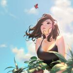  breasts brown_eyes brown_hair bug butterfly cleavage cloud doni_cahyono floating_hair hair_behind_ear indonesian_commentary leaning_forward long_hair looking_up mole mole_on_breast original parted_lips plant sky 