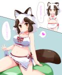  1girl animal_ears berusa_(berutoo) black_hair blush breasts brown_eyes closed_mouth collarbone eyebrows_visible_through_hair heart highres kemono_friends large_breasts looking_at_viewer multicolored_hair navel raccoon_ears raccoon_girl raccoon_tail sarong short_hair smile solo speech_bubble spoken_heart swimsuit tail tanuki_(kemono_friends) translated white_hair 