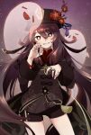  1girl black_shorts brown_hair chinese_clothes collared_coat colored_tips commentary_request flower flower-shaped_pupils genshin_impact ghost ghost_pose grin hat hat_flower highres hu_tao_(genshin_impact) jewelry kalua long_hair multiple_rings plum_blossoms porkpie_hat red_eyes ring shorts smile solo symbol-shaped_pupils twintails 