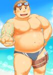  1boy abs bara beach belly blue_male_swimwear blush body_markings bulge fat fat_man feet_out_of_frame goggles goggles_on_head hammer harness highres kurogane_(housamo) large_pectorals leather male_focus male_swimwear muscular muscular_male navel nipples nol outstretched_hand pectorals plump reaching_out short_hair sideburns smile solo stomach swim_briefs thick_eyebrows thick_thighs thighs tokyo_afterschool_summoners topless_male 
