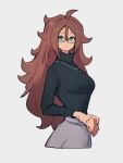  1girl android_21 black_sweater blue_eyes commentary_request dragon_ball dragon_ball_fighterz grey_background grey_skirt hair_between_eyes jewelry kemachiku long_hair long_sleeves looking_at_viewer necklace red_hair simple_background skirt solo sweater turtleneck turtleneck_sweater 