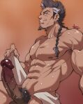  1boy abs armpit_hair bara braid dark-skinned_male dark_skin earrings erection facial_hair feet_out_of_frame from_side goatee granblue_fantasy highres huge_penis jewelry kirupi large_pectorals male_focus male_pubic_hair mature_male multicolored_hair multiple_earrings muscular muscular_male naked_towel navel navel_hair nipples nude pectorals penis presenting pubic_hair sauna seductive_smile short_hair sideburns single_braid smile solo steam stomach sweat thighs towel two-tone_hair uncensored veins veiny_penis wet wrinkled_skin yngwie 