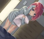  1girl :d arm_up bangs bare_legs bed_sheet bedroom bent_over blue_eyes blunt_bangs blush dress_shirt go-toubun_no_hanayome grey_shirt highres indoors knees looking_at_viewer nakano_nino naked_shirt nyaa28 object_hug pillow pillow_hug pink_hair shiny shiny_hair shirt smile thighs v-shaped_eyebrows 