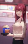  1girl alternate_hairstyle blurry blurry_background chainsaw_man cup disposable_cup food highres makima_(chainsaw_man) movie_theater popcorn raimone26 red_hair smile sweater white_sweater yellow_eyes 