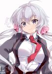  1girl ahoge breasts eyebrows_visible_through_hair grey_eyes highres hinata_momo large_breasts light_purple_hair looking_at_viewer low_twintails lydian_academy_uniform necktie red_necktie school_uniform scrunchie senki_zesshou_symphogear solo twintails white_background yukine_chris 