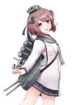  1girl anchor_symbol blue_sailor_collar blush brown_eyes brown_hair dress feet_out_of_frame flower grey_neckerchief hair_between_eyes hair_flower hair_ornament kantai_collection kirigakure_(kirigakure_tantei_jimusho) long_sleeves machinery neckerchief open_mouth pink_flower remodel_(kantai_collection) rigging sailor_collar sailor_dress short_hair simple_background smile solo turret white_background white_dress yukikaze_(kancolle) 