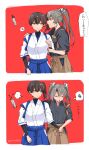  2girls blue_hakama brown_eyes brown_hair brown_hakama commentary food green_eyes grey_hair hakama hakama_short_skirt hakama_skirt highres japanese_clothes kaga_(kancolle) kantai_collection long_hair multiple_girls partially_translated pocky pocky_day pocky_kiss red_background remodel_(kantai_collection) samonasu17 short_sidetail side_ponytail skirt tasuki translation_request turtleneck twintails undershirt zuikaku_(kancolle) 