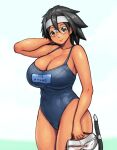  1girl arung_samudra_(cessa) black_eyes black_hair black_swimsuit breasts character_name cleavage cowboy_shot dark-skinned_female dark_skin erkaz goggles grey_hairband hair_between_eyes hairband highres holding holding_goggles huge_breasts looking_at_viewer medium_hair ombok_diving_and_delivery_services one-piece_swimsuit smile solo swimsuit 