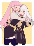  2girls bangs belt black_legwear blush breasts buttons closed_eyes cowboy_shot do_m_kaeru eyebrows_visible_through_hair fire_emblem fire_emblem:_three_houses garreg_mach_monastery_uniform hair_between_eyes height_difference hilda_valentine_goneril hug large_breasts long_hair long_sleeves looking_at_another looking_to_the_side lysithea_von_ordelia multiple_girls one_eye_closed open_mouth pink_eyes pink_hair sleeves_rolled_up smile thighhighs tongue twintails twitter_username uniform very_long_hair white_hair yellow_belt zettai_ryouiki 