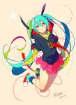  1girl 2019 4_(nakajima4423) alternate_color green_hair hatsune_miku hood layered_sleeves long_hair long_sleeves miniskirt multicolored_hair parted_lips short_over_long_sleeves short_sleeves skirt solo twintails vocaloid 