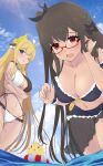  2girls alternate_costume anchor_symbol arms_under_breasts azur_lane bikini black_hair black_ribbon black_sarong blonde_hair blue_eyes blue_sky blush breasts brown_bikini cleavage day eyebrows_visible_through_hair frilled_bikini frills hair_ribbon highres large_breasts laurel_crown london_(azur_lane) long_hair looking_at_viewer manjuu_(azur_lane) multiple_girls one_eye_closed purple_bikini red-framed_eyewear ribbon sarong see-through_sarong semi-rimless_eyewear sky summer swimsuit two-tone_bikini under-rim_eyewear underboob very_long_hair victorious_(azur_lane) waa!_okami wading water 