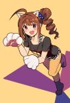 1girl :d ahoge animal_ears bangs black_shirt blue_scrunchie boots brown_hair cat_ears commentary drill_hair eyebrows_visible_through_hair fake_animal_ears hair_ornament hair_scrunchie idolmaster idolmaster_million_live! jewelry kamille_(vcx68) leaning_forward leg_up looking_at_viewer medium_hair necklace open_mouth orange_background orange_pants pants paw_pose print_scrunchie purple_eyes purple_footwear scrunchie shirt side_drill side_ponytail sidelocks simple_background smile solo standing standing_on_one_leg star_(symbol) star_print tank_top thighhighs white_shirt yokoyama_nao 