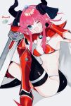  1girl ;d absurdres armor bikini bikini_armor black_legwear blue_eyes breasts cape claws commentary curled_horns dragon_girl dragon_horns dragon_tail elizabeth_bathory_(brave)_(fate) elizabeth_bathory_(fate) eyebrows_visible_through_hair fate/grand_order fate_(series) gauntlets highres holding holding_sword holding_weapon horns long_hair loose_bikini navel one_eye_closed open_mouth oversized_clothes pink_hair pith_u pointy_ears red_armor red_bikini red_footwear shoulder_armor sidelocks silver_trim simple_background sitting small_breasts smile solo spiked_boots swimsuit sword tail thighhighs tiara v vambraces weapon white_background 