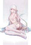  1girl absurdres arm_support artist_name au_ra avatar_(ffxiv) breasts commentary dragon_horns final_fantasy final_fantasy_xiv full_body hair_censor highres horns long_hair no_shoes nude parted_lips red_eyes scales sitting small_breasts solo tail thighhighs very_long_hair white_hair white_legwear wudiyishileiyu 