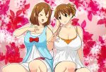  2girls blush bow breasts brown_hair cleavage closed_eyes erkaz feet_out_of_frame hair_ornament hair_ribbon hairclip highres hirasawa_ui hirasawa_yui k-on! large_breasts medium_breasts medium_hair multiple_girls older open_mouth outline ponytail red_bow ribbon short_hair sitting smile white_outline yellow_ribbon 