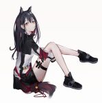  0_(znanimo) 1girl absurdres animal_ears arknights bare_legs black_footwear black_hair black_legwear black_shorts commentary ear_piercing expressionless extra_ears from_side full_body hair_between_eyes highres jacket knees_up long_hair looking_at_viewer multicolored_hair no_legwear orange_eyes piercing red_hair shoes shorts simple_background sitting solo streaked_hair symbol-only_commentary tail texas_(arknights) thigh_strap white_background white_jacket wolf_ears wolf_girl wolf_tail 