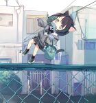  1girl animal_ears animal_on_head bangs black_bow black_bowtie black_footwear black_hair black_skirt boukou-chan_(tokiwata_soul) bow bowtie bucket carrying carrying_under_arm cat_ears cat_girl cat_tail chain-link_fence chibi collared_shirt commentary_request day falling fence fish green_hair grey_jacket highres holding jacket long_sleeves minigirl mouth_hold multicolored_hair off_shoulder on_head original outdoors pleated_skirt shirt shoes short_hair skirt solo tail toeless_footwear tokiwata_soul two-tone_hair walking water white_shirt 
