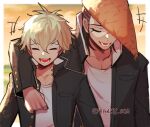  2boys bangs barry_nah black_jacket blonde_hair blurry blurry_background border breast_pocket brown_hair closed_eyes collarbone danganronpa:_trigger_happy_havoc danganronpa_(series) danganronpa_another_episode:_ultra_despair_girls english_commentary facing_viewer hair_between_eyes highres jacket lower_teeth male_focus multicolored_hair multiple_boys oowada_mondo open_clothes open_jacket open_mouth pocket pompadour shirt short_hair smile teeth twitter_username two-tone_hair watermark white_border white_shirt yukimaru_takemichi 