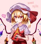  1girl absurdres ascot bangs blonde_hair blush box crystal dated dot_nose eyebrows_visible_through_hair eyelashes fingernails flandre_scarlet food_in_mouth frilled_shirt_collar frilled_sleeves frills hair_between_eyes hat hat_ribbon heart highres holding holding_box long_fingernails mob_cap mouth_hold nail_polish one_side_up pink_background pocky_day puffy_short_sleeves puffy_sleeves r_utchi red_eyes red_nails red_ribbon red_vest ribbon short_sleeves side_ponytail slit_pupils solo standing touhou upper_body vest white_headwear white_sleeves wings yellow_neckwear 