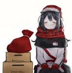  0_(znanimo) 1girl =_= absurdres animal_ears arknights black_hair black_legwear box cardboard_box closed_eyes commentary facing_viewer feet_out_of_frame fur-trimmed_headwear gloves hat highres id_card jacket long_hair no_mouth nose_bubble pantyhose plaid plaid_scarf pom_pom_(clothes) red_bag red_gloves red_headwear red_scarf santa_hat scarf simple_background sleeping sleeping_upright solo straight-on symbol-only_commentary tail texas_(arknights) white_background white_jacket wolf_ears wolf_girl wolf_tail 