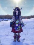  1girl :d backlighting bag beads black_hair blue_eyes blue_sky boots braid close-up commentary_request cover day dress flower full_body fur-trimmed_hood fur_trim grey_legwear hair_over_one_eye hair_over_shoulder happy highres hiko_(scape) holding holding_flower hood hood_up horns long_hair mittens mountainous_horizon one_eye_covered original outdoors pantyhose pelt pom_pom_(clothes) shoulder_bag sky smile snow solo standing sun traditional_clothes twin_braids twintails winter 