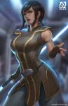  1girl absurdres arm_strap black_hair blurry blurry_background breasts brown_eyes cowboy_shot double-blade fingerless_gloves gloves highres holding holding_weapon jedi lips looking_at_viewer medium_breasts nopeys saberstaff satele_shan short_hair sleeveless solo star_wars:_the_old_republic watermark weapon web_address 