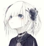  1girl absurdres ascot bangs black_choker black_flower black_rose blush brooch choker collar commentary english_commentary eyebrows_visible_through_hair eyes_visible_through_hair flower grey_eyes hair_between_eyes hair_flower hair_ornament hair_over_one_eye highres hito_komoru jewelry lace looking_away looking_up open_mouth original portrait rose short_hair simple_background solo white_ascot white_background white_hair 