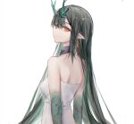  0_(znanimo) 1girl arknights arm_tattoo black_collar black_hair breasts collar colored_skin dragon_horns dress dusk_(arknights) ear_piercing eyebrows_visible_through_hair from_behind green_hair green_skin highres horns long_hair looking_at_viewer looking_back multicolored_hair orange_eyes parted_lips piercing pointy_ears simple_background small_breasts solo streaked_hair tattoo very_long_hair white_background white_dress 