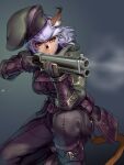  1girl animal_ear_fluff animal_ears artist_name avatar_(ff11) beret breasts brown_eyes cat_ears cat_girl cat_tail closed_mouth commentary_request dark-skinned_female dark_skin facial_mark final_fantasy final_fantasy_xi gloves gradient gradient_background green_headwear gun hat highres holding holding_gun holding_weapon medium_breasts mithra_(ff11) one_knee pouch purple_hair ranger_(final_fantasy) short_hair smoke solo tail weapon yuccoshi 