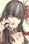  1girl bangs black_hair closed_eyes eyebrows_visible_through_hair face final_fantasy final_fantasy_xiv flower hair_flower hair_ornament highres holding holding_pipe ink_(medium) kiseru lace_collar lips long_hair mihira_(tainosugatayaki) mole mole_under_mouth off-shoulder_kimono pipe portrait solo spider_lily traditional_media yotsuyu_(ff14) 