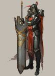  ambiguous_gender armor black_armor board_game cape chess chess_piece gauntlets grey_background helmet highres knight original personification planted plate_armor ramgu red_cape rook_(chess) simple_background standing 