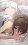  1girl bangs bed_sheet breasts brown_eyes brown_hair commentary dota_(series) dota_2 feet hews highres long_hair looking_at_viewer lying marci_(dota) medium_breasts nude ponytail solo 