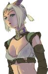  1girl animal_ear_fluff animal_ears aqua_eyes avatar_(ff11) bangs blonde_hair breasts cat_ears cleavage commentary_request final_fantasy final_fantasy_xi medium_breasts midriff mithra_(ff11) no_eyebrows open_mouth parted_bangs short_hair short_twintails simple_background solo twintails upper_body white_background yuccoshi 