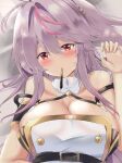  1girl absurdres azur_lane bare_shoulders belt black_belt blush breasts cleavage food grenville_(azur_lane) hair_between_eyes highres large_breasts long_hair looking_at_viewer lying multicolored_hair on_back pocky purple_hair red_eyes solo streaked_hair tonchinkan two-tone_hair upper_body very_long_hair 