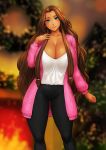  1girl black_pants blue_eyes blush breasts brown_hair christmas_wreath cleavage commission dark-skinned_female dark_skin erkaz feet_out_of_frame fire fireplace hand_up highres huge_breasts indoors long_hair original pants parted_lips pink_sweater shirt smile solo sweater very_long_hair white_shirt 