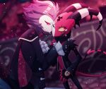  2boys bangs black_cape black_jacket blitzo_(helluva_boss) blurry blurry_background brown_sclera cape cheer_(cheerkitty14) claws closed_mouth colored_sclera colored_skin demon_horns demon_tail english_commentary fang frills from_side heart helluva_boss horns jacket long_sleeves male_focus multiple_boys open_clothes open_jacket open_mouth pink_eyes pink_hair pink_sclera red_cape red_skin short_hair skin_fang stolas_(helluva_boss) tail tearing_up tears 
