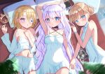  +_+ 3girls :&lt; absurdres azur_lane blonde_hair bloomers blue_eyes breasts commentary covered_navel criss-cross_halter crown double_bun dress eyepatch halter_dress halterneck highres holding_hands humo le_malin_(azur_lane) le_malin_(sleepy_sunday)_(azur_lane) le_terrible_(azur_lane) le_terrible_(sunlight_seaspray_and_sanctity)_(azur_lane) le_triomphant_(azur_lane) long_hair lying meme_attire multiple_girls navel nintendo_switch on_back open_mouth pajamas photo_(object) pillow purple_eyes ribs short_hair sideboob silver_hair small_breasts stomach sundress sweater triangle_mouth underwear very_long_hair virgin_killer_sweater white_dress white_sweater 