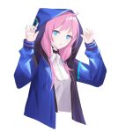  0_(znanimo) 1girl ahoge arknights blue_eyes blue_jacket blue_poison_(arknights) commentary cropped_torso eyebrows_visible_through_hair hands_up highres hood hood_up hooded_jacket jacket long_hair looking_at_viewer low_twintails pink_hair scales shirt simple_background solo symbol-only_commentary tongue tongue_out twintails upper_body white_background white_shirt 